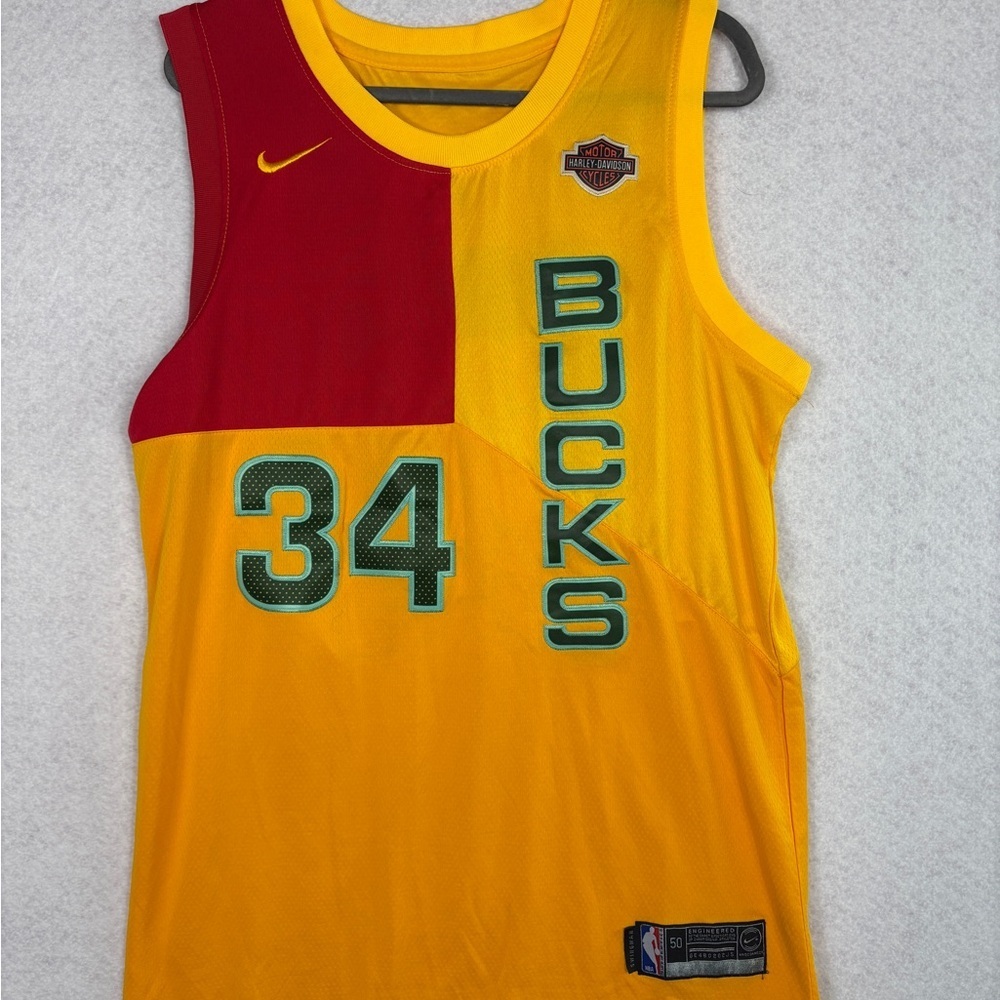 Nike Yellow and Red Milwaukee Bucks #34 Basketball Jersey